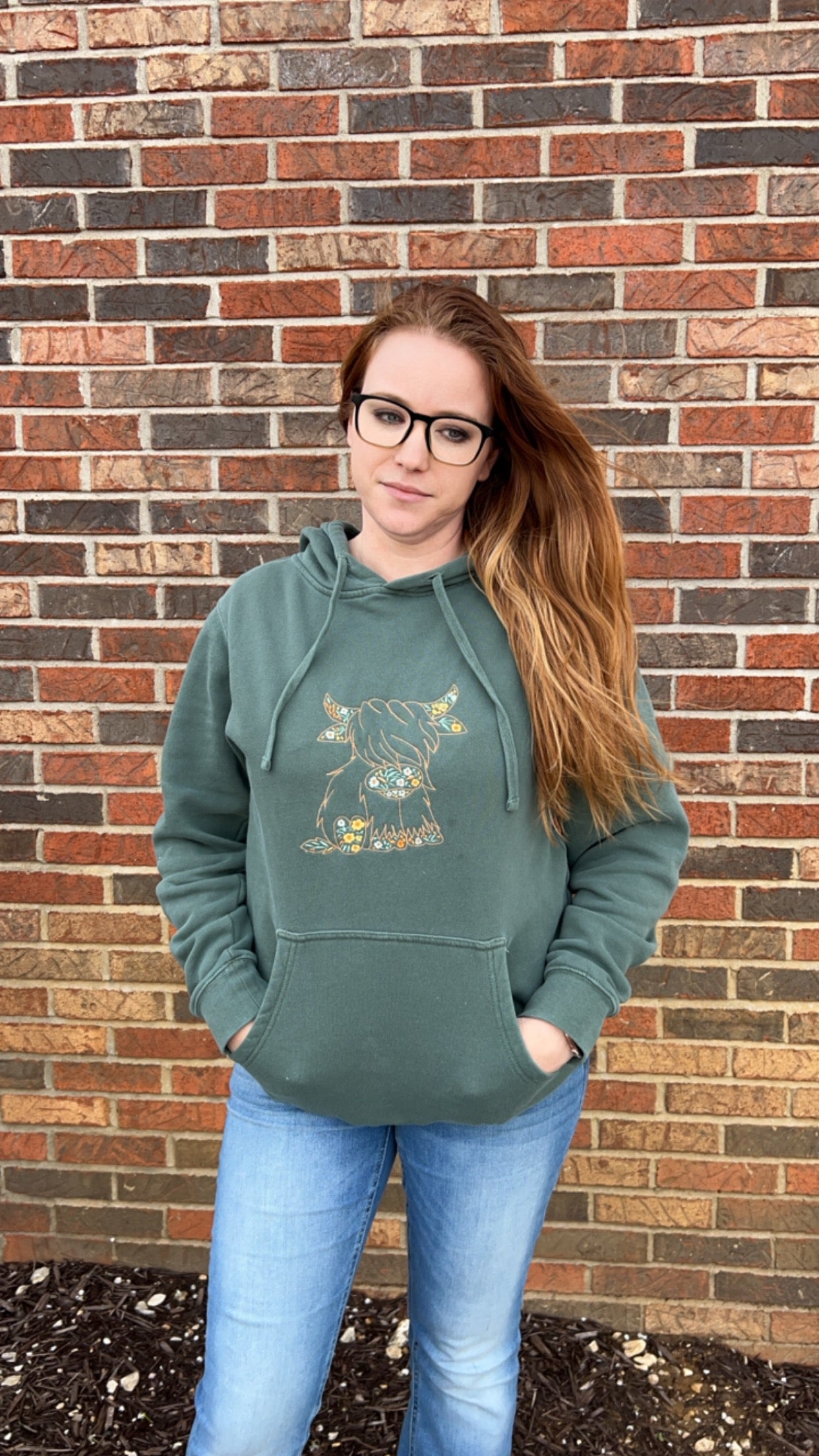 Floral Highland Cow Embroidered Adult Hoodie