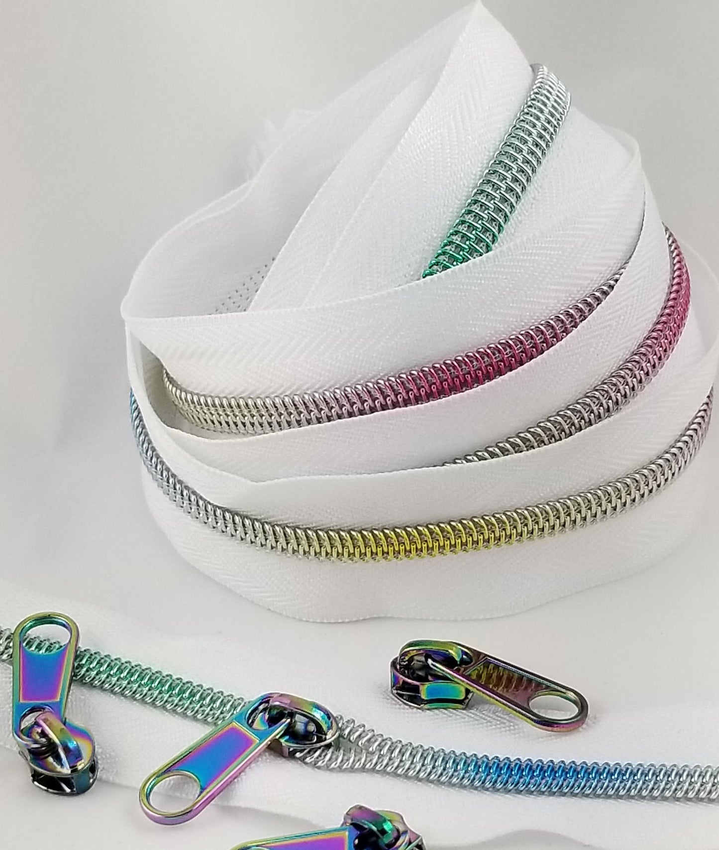 White Metallic Zipper Tape 2.5yds - Rainbow