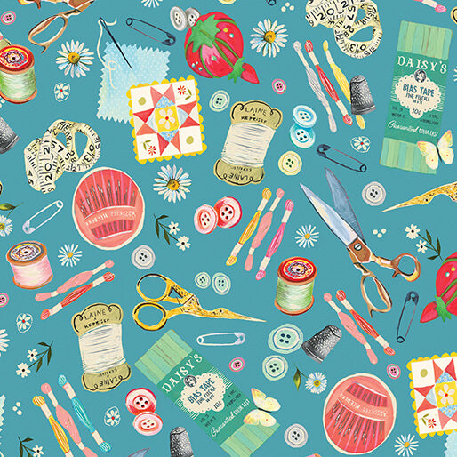Benartex Fabrics Love & Stitches Love Is the Thread Teal