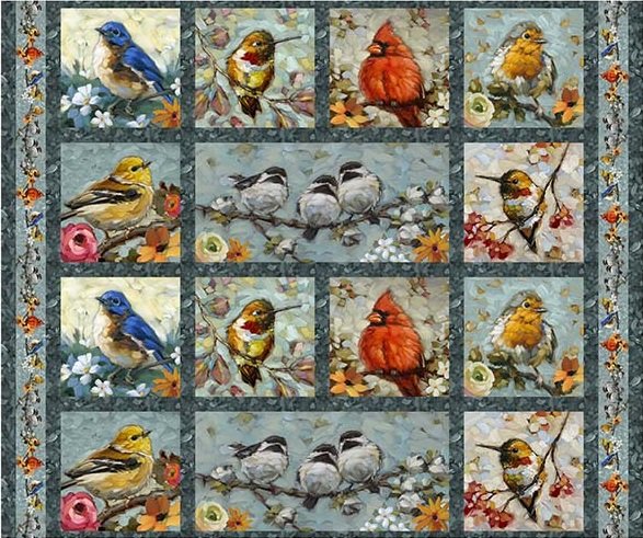 QT Fabrics Joyful Garden Bird Picture Patches Multi