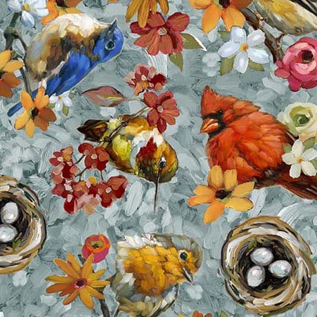 QT Fabrics Joyful Garden Bird Toss Chambray