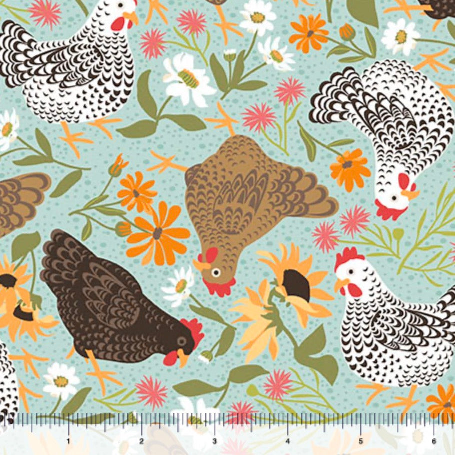 QT Fabrics Chickens In the Meadow Chickens & Flowers Dusty Aqua