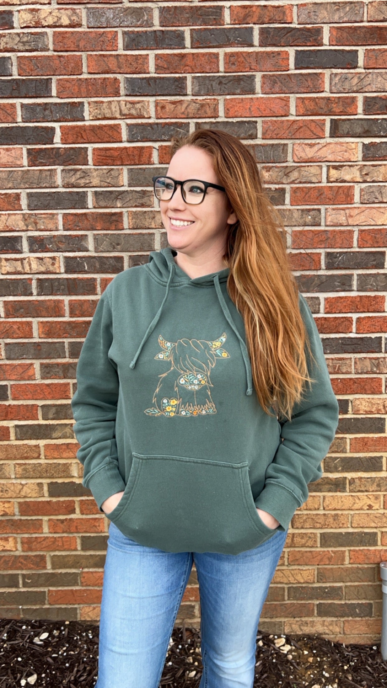 Floral Highland Cow Embroidered Adult Hoodie