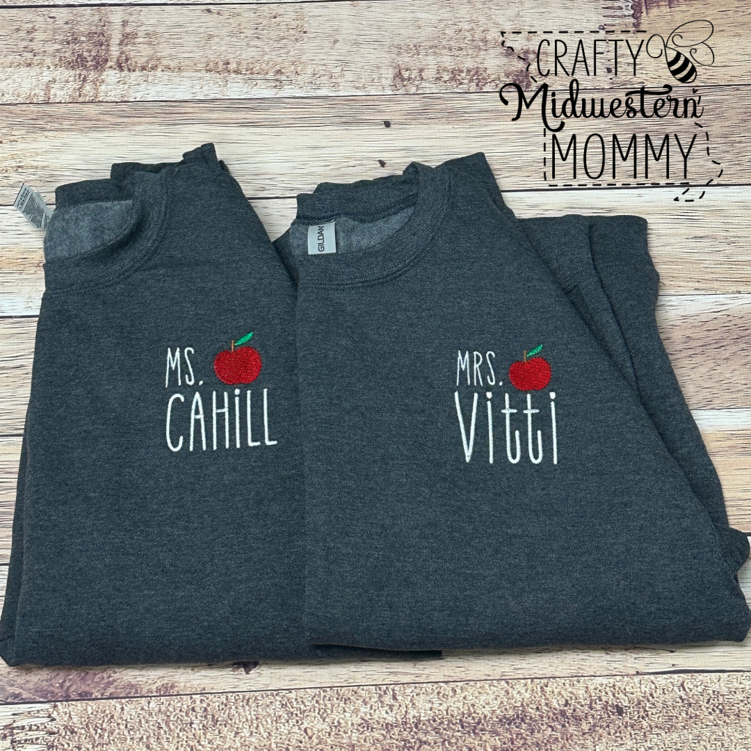 Teacher Name with Apple Adult Embroidered Sweatshirt