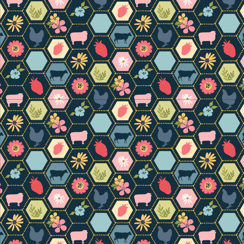 Poppie Cotton Sunshine and Chamomile- Strawberry Patch Navy