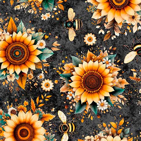 QT Fabrics Honey Blossom Sunflowers & Bees Charcoal